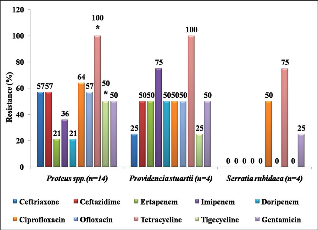 Antibiotic resistance profile of non-lactose-fermenting Enterobacteriaceae (Proteus mirabilis, Providencia stuartii, and Serratia rubidaea) *Denotes intrinsic resistance.