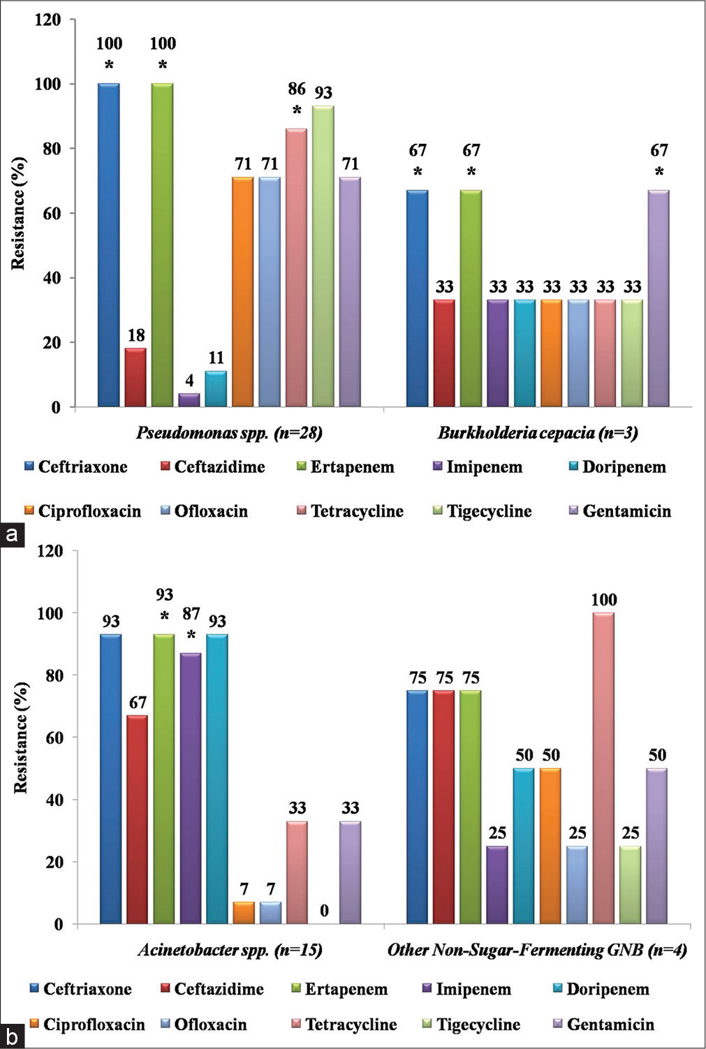 (a) Antibiotic resistance profile of non-sugar-fermenting Gram-negative bacilli (Pseudomonas spp. and Burkholderia cepacia) *Denotes intrinsic resistance. (b) Antibiotic resistance profile of non-sugar-fermenting Gram-negative bacilli (Acinetobacter spp. and others: Aeromonas hydrophilia-1, Tatumella ptyseos-1, Alcaligenes faecalis-1, and Stenotrophomonas maltophilia-1) *Denotes intrinsic resistance.